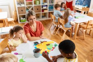 Children doing crafts with their teacher in an EYFS classroom layout.